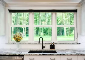 ProVia white Endure double-hung vinyl windows installed, energy efficient and classic design