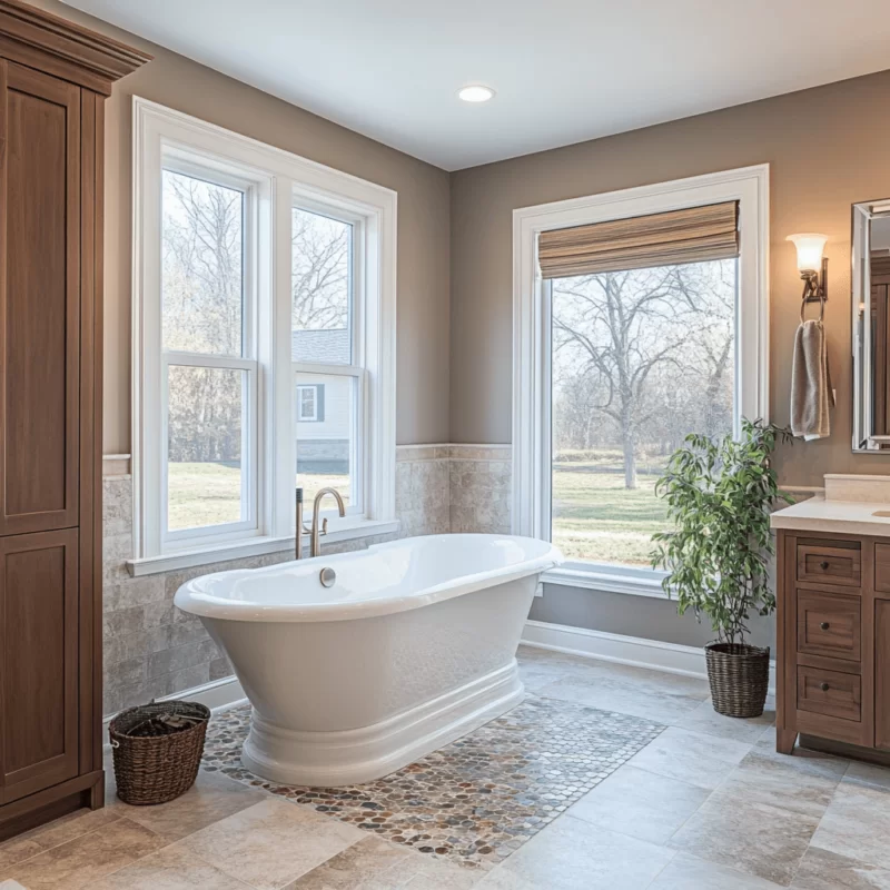 Bathroom remodeling services showcasing a modern bath renovation with new fixtures and tile work