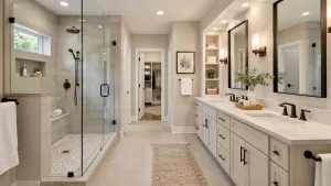 Bathroom remodeling in Nixa, MO featuring a spacious walk-in shower, double vanity, warm lighting, built-in storage, and a comfortable, functional layout.